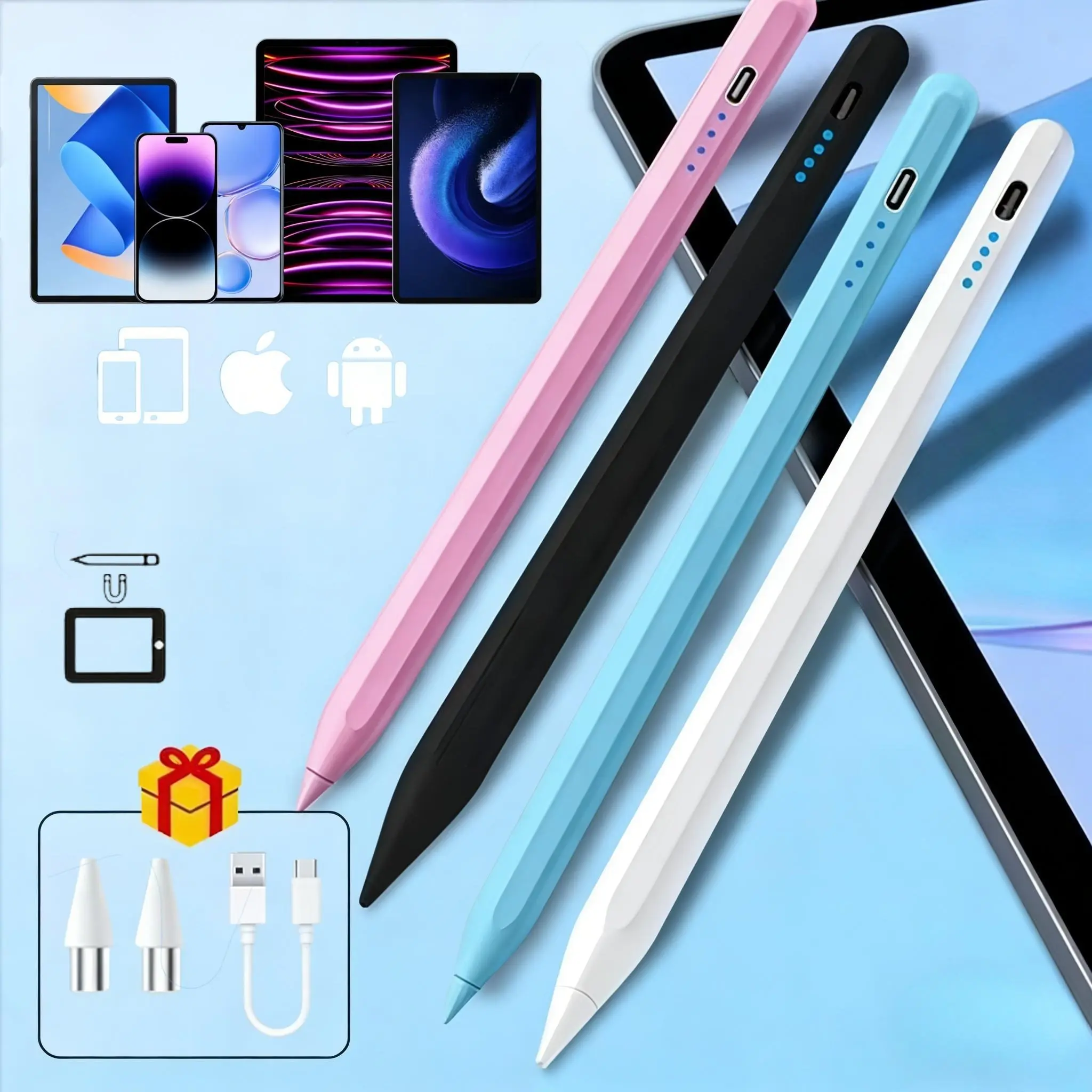 Touchscreen stylus, compatible with iPhone, iPad, and Android tablets, features a universal fine tip with magnetic attachment, and a lithium battery suitable for Android phones, Apple phones, tablets, and other devices