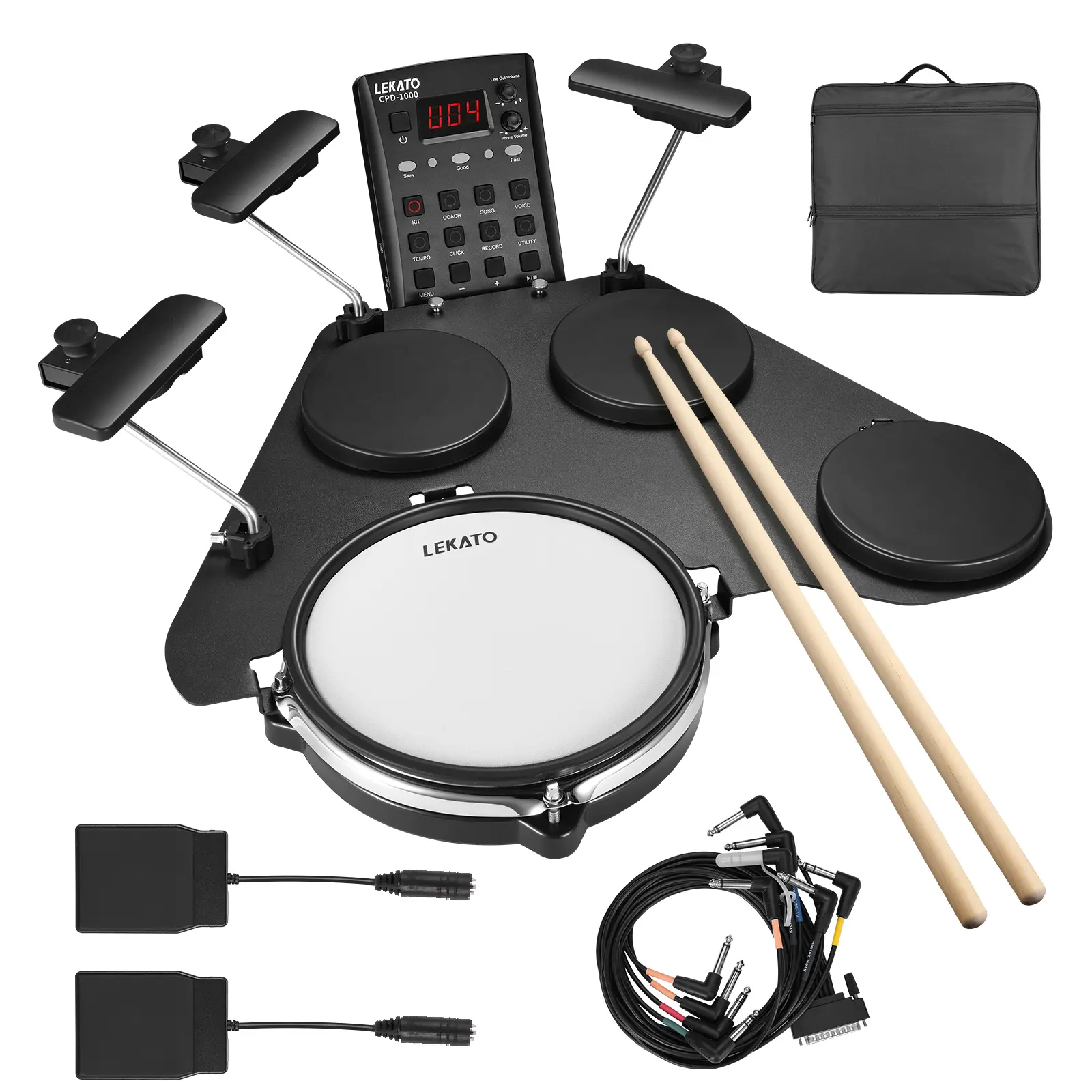 LEKATO CPD-1000 Electronic Drum Set, Portable Electric Drum Set for Beginner, with Quiet Mesh Snare Drum Pads, 220+ Sounds, USB MIDI 2 Switch Pedal Electric Drum Kit, with Sticks Travel Bag