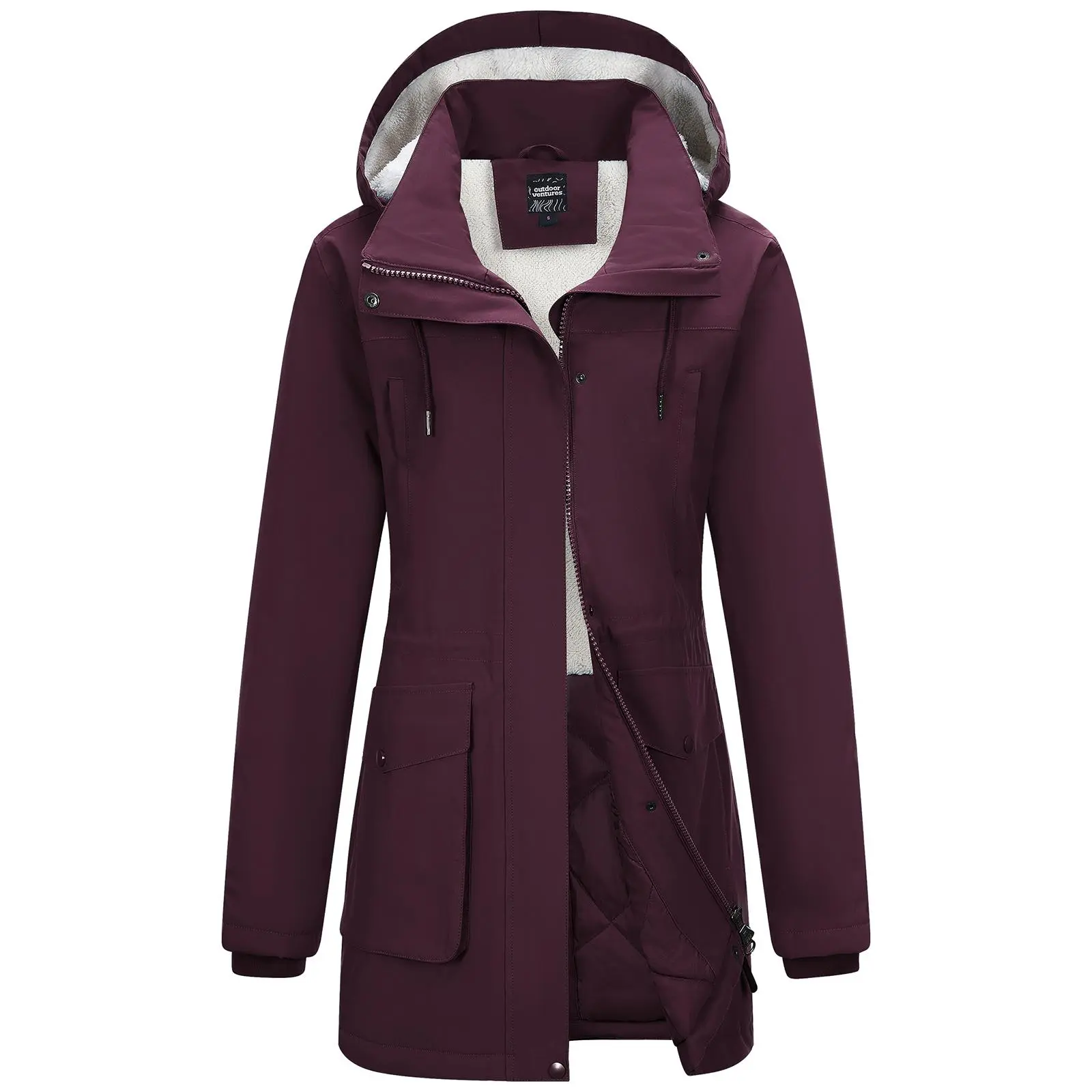 Outdoor Ventures Women's Hooded Waterproof Fleece-Lined Thermal Winter Parka - Snap-Closure, Removable Hood, Warm Long Insulated Thick Puffer Jacket for Traveling, Skiing