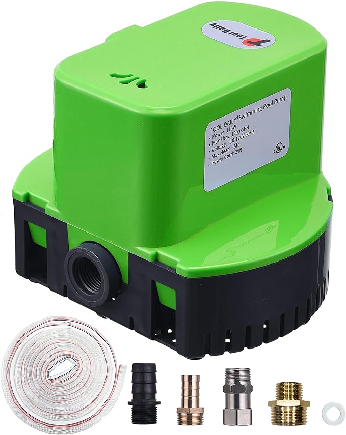 Tool Daily Automatic Pool Cover Pump 1200 GPH Submersible with 4 Adapters & 16ft Drainage Hose, Automatic ON/OFF Function, Durable Construction