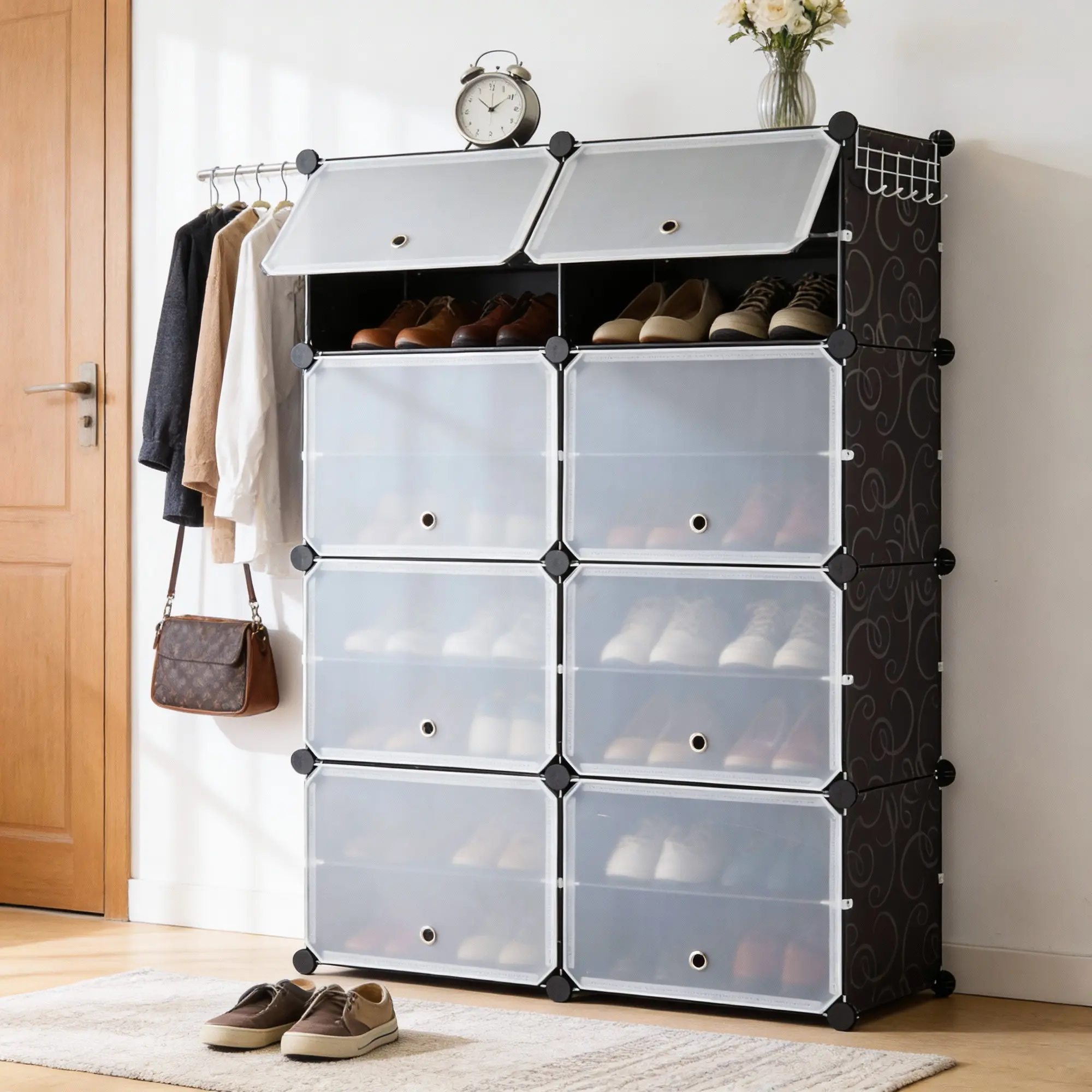 Shoe Cabinet Storage Organiser - 6/8-Tier Rack with 24/32-Tier Capacity, Side Hooks, Sturdy Metal Frame, Black & White Plastic Panel Shelves for Closet Organization, Entryways, Storage Organization, Shoe Rack Organizer