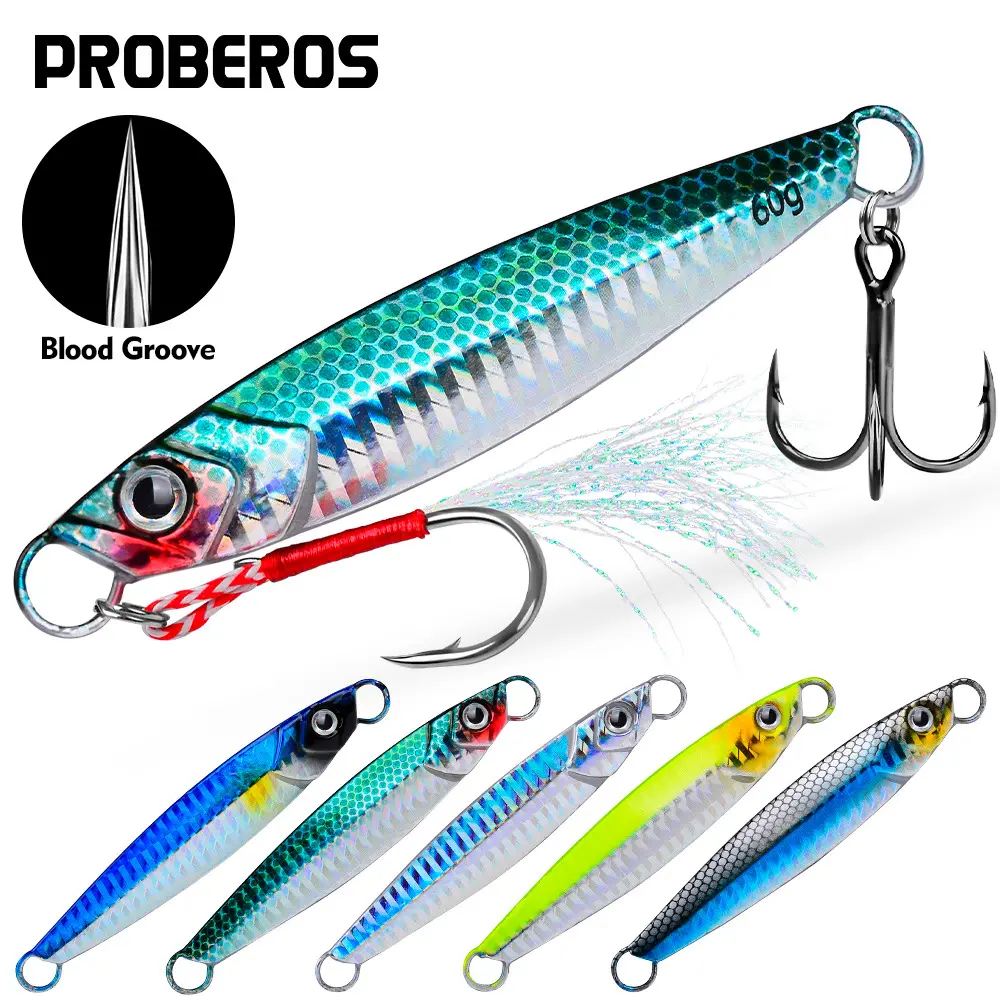 PROBEROS Metal Jig Lures Set - 5-Pack Saltwater Fishing Lures, 21g(3/4oz) or 40g(1.4oz) Options, Blood Groove, Double Hooks, Streamline Shape, Shore Fishing Artificial Casting Jigs for Bass, Striper Equipment
