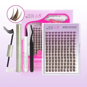 VEYESBEAUTY Brown Manga Cluster Lashes Eyelashes Cluster Individual Lash Extensions with Bond & Seal Tweezer Dramatic Volume Eyelash Makeup Cosmetic Application at Home