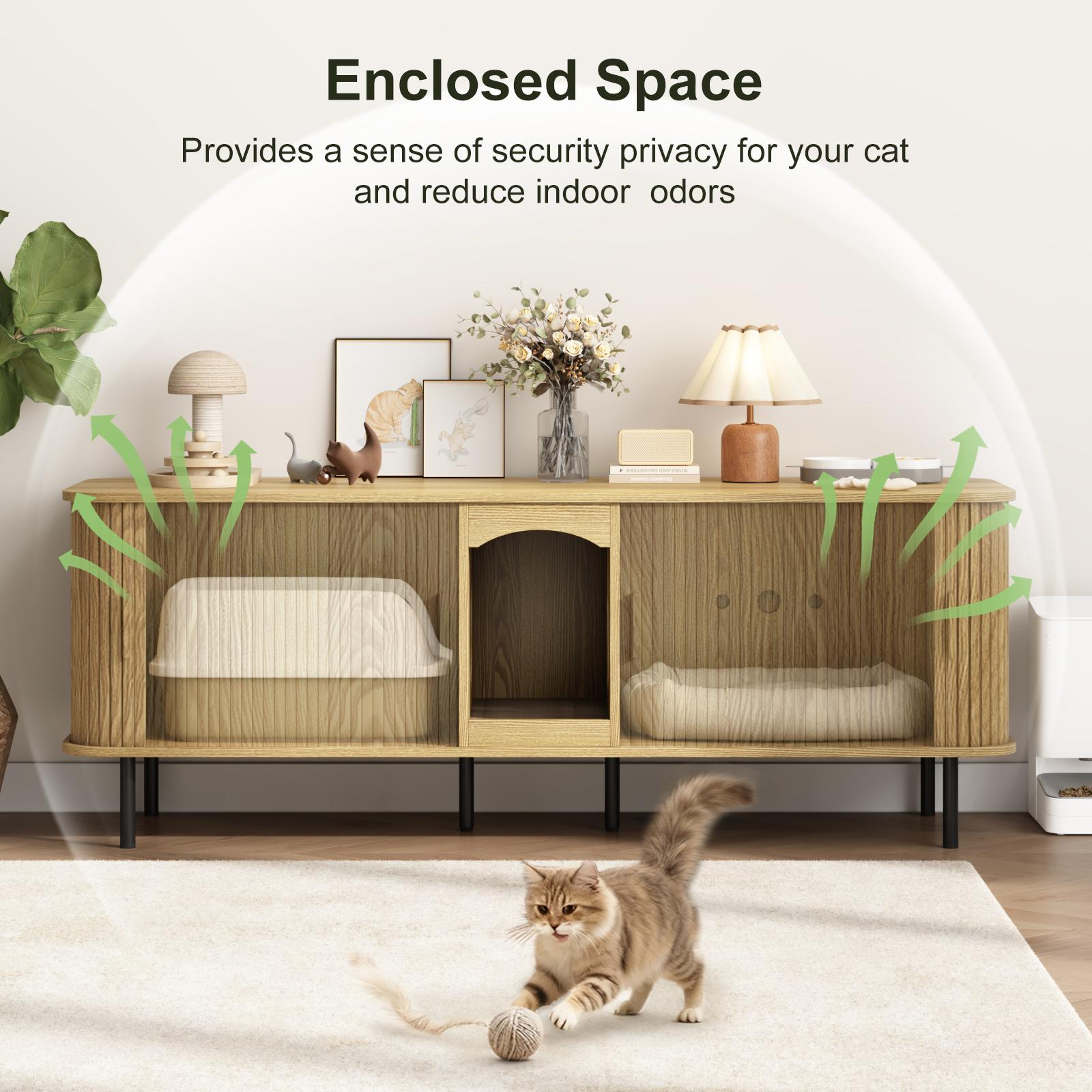 Fluted Hidden Cat Litter Box Enclosure – Modern Wood Furniture with Scratching Pad, Large Indoor Cat House Cabinet Side/End Table for Living Room & Entryway