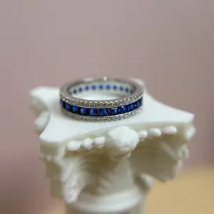 Blue Sapphire Eternity Ring, Sterling Silver Stacking Baguette Sapphire Band, Princess Cut