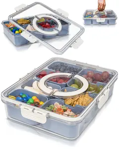 Snackle Box Container,Portable Snack Box 8 Compartment Divided Serving Tray with Lid and Handle,Clear Storage Organizer for Fruit Candy Nuts Veggie-Perfect for Road Travel Party（1 Pack）