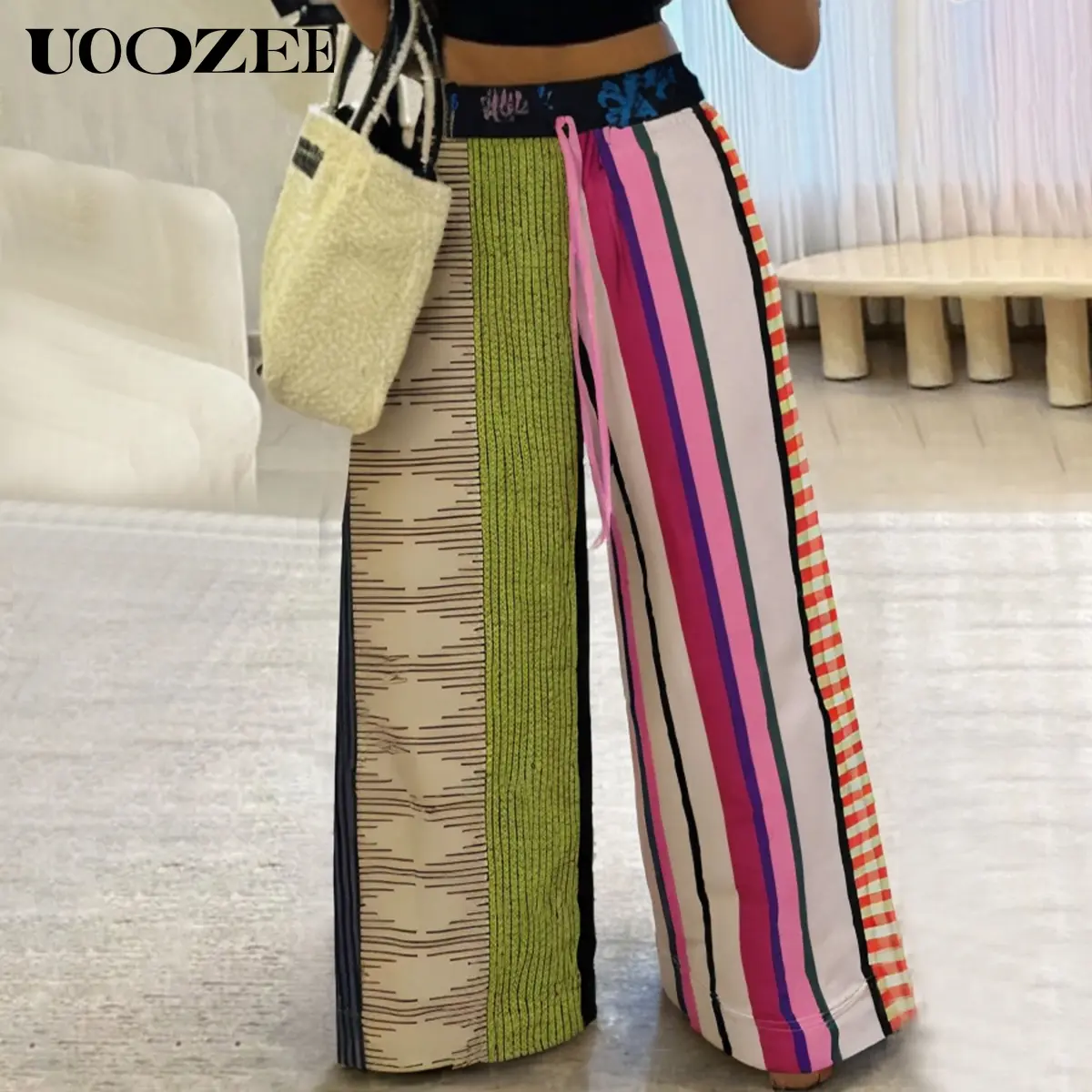 UOOZEE Women's 100% Poly Striped Print Non-Stretch Pockets Wide Leg Pants, High-Waisted Contrast Color Drawstring Cinch Hangable Clothes, Boho Casual Streetwear Bottoms (Smaller Waist Fit - Check Size Guide or Order 1 Size Larger, Hand Wash Only), Loose S