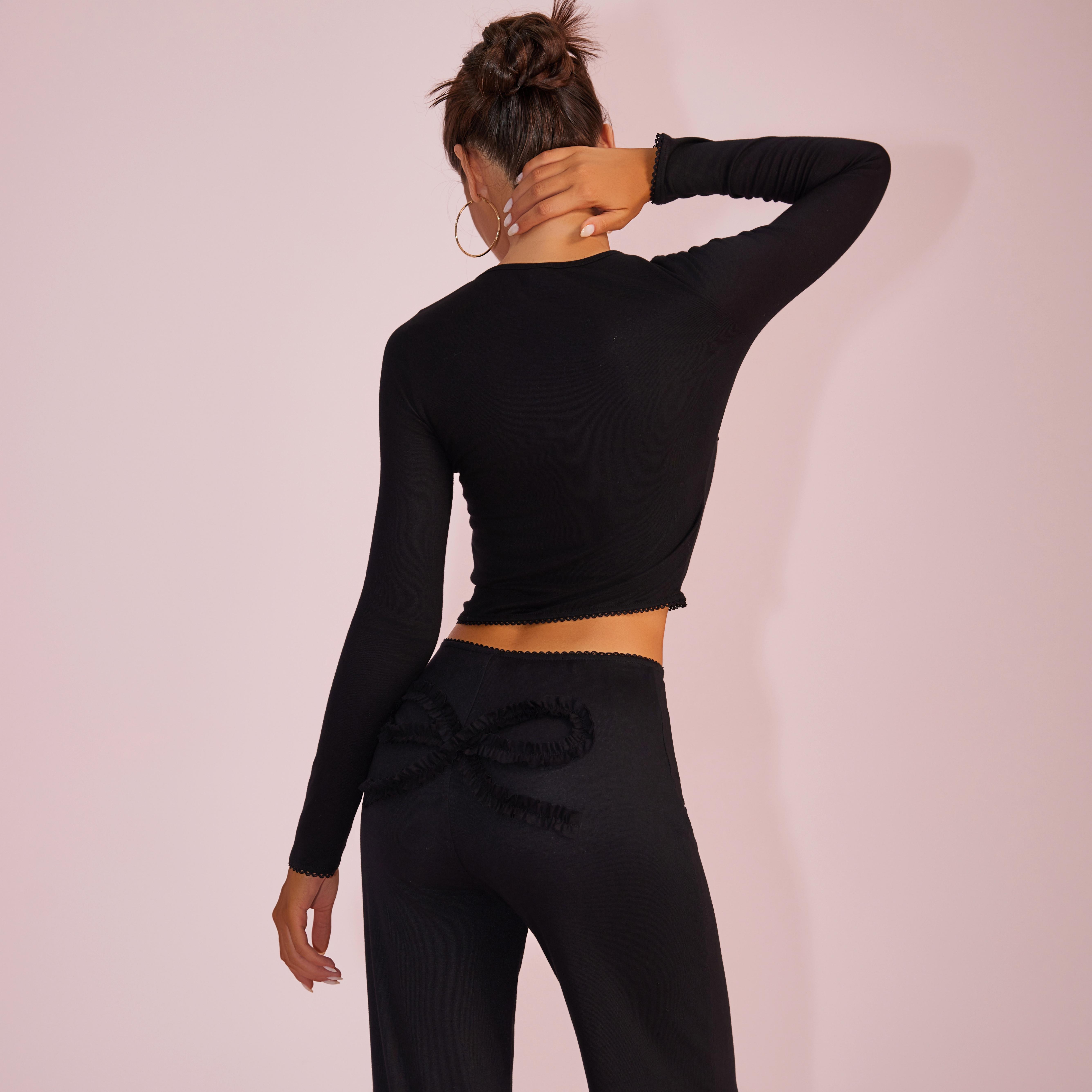 Joyfunear Solid Color Knitted Long-Sleeved Round Neck Top & Casual Straight-Leg Pants Set with Bow Decoration for Daily Wear