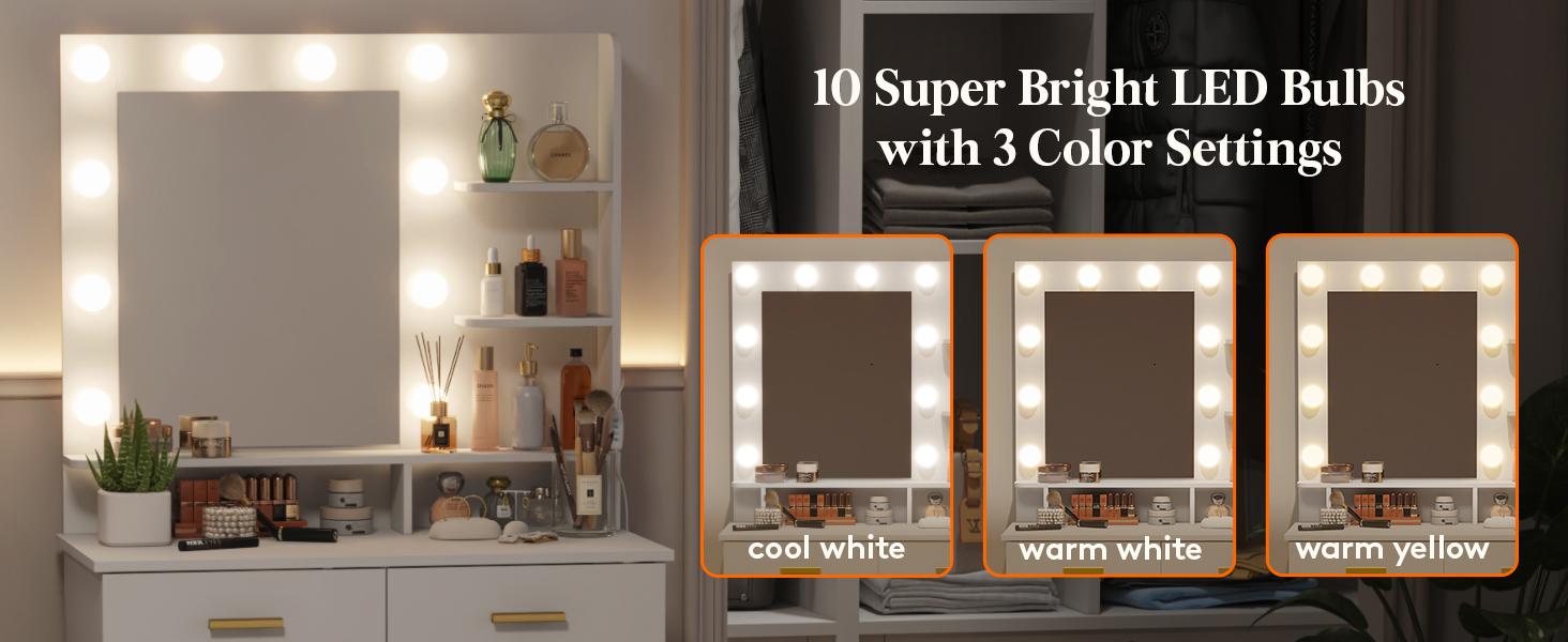 Lifewit 31.5"/35.4"/38.6" Vanity with Mirror, Adjustable Brightness, Makeup Desk with 2 Drawers & Stool for Bedroom Bathroom Makeup Room Mothers Day Gifts