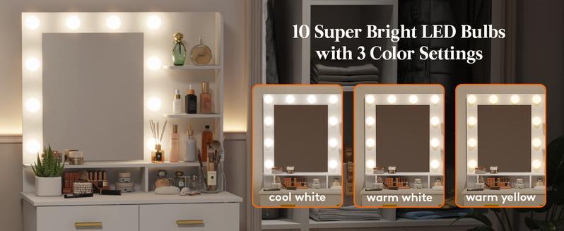 Lifewit 31.5"/35.4"/38.6" Vanity with Mirror, Adjustable Brightness, Makeup Desk with 2 Drawers & Stool for Bedroom Bathroom Makeup Room Mothers Day Gifts