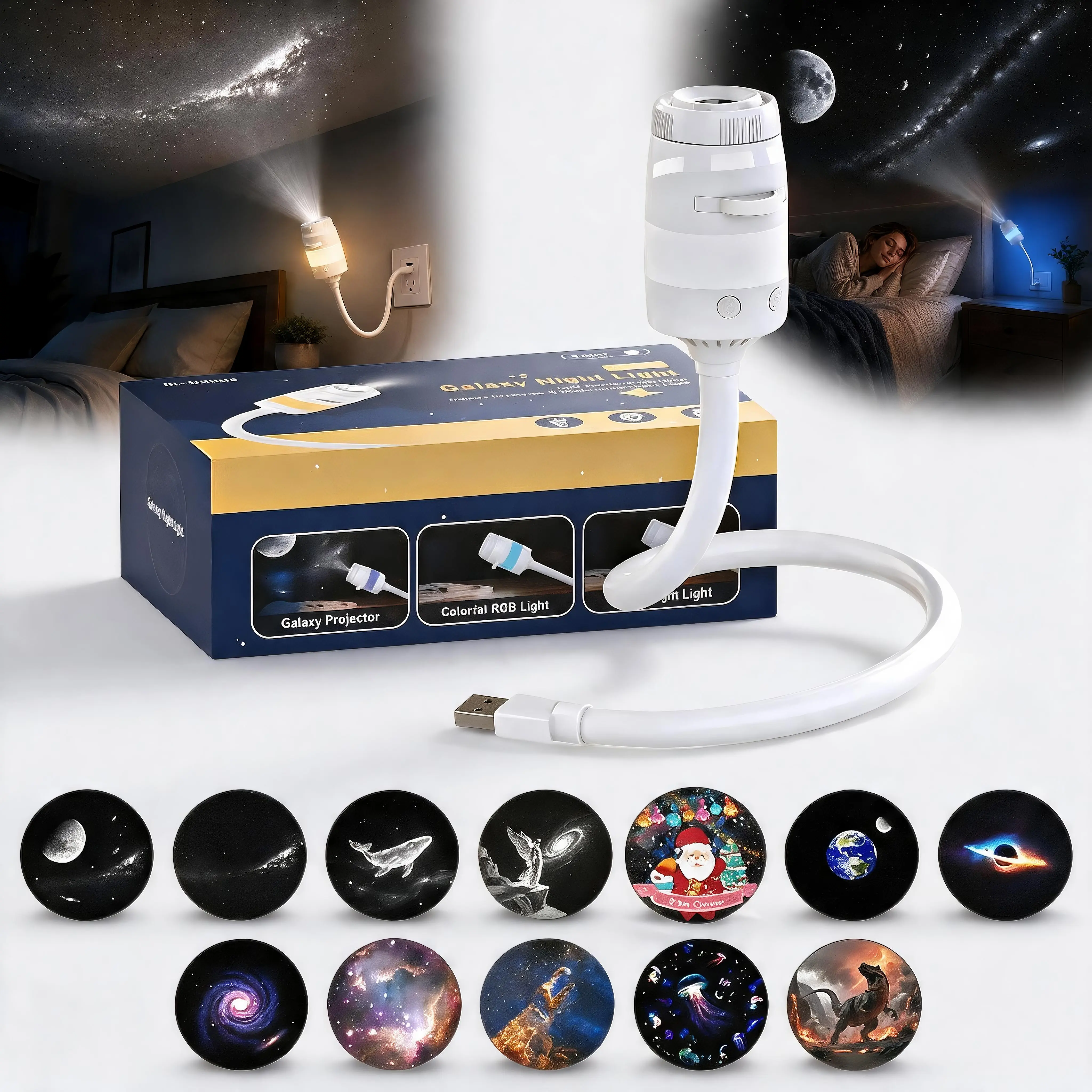 Star Light Galaxy Projector, 2-in-1 Night Light & Nebula Lamp with Multiple Slide Discs, USB Rechargeable Portable for Bedroom Kids Room Home Theater Ceiling Decor, Calming Sleep Gift for Teens Girls Boys Adults Family
