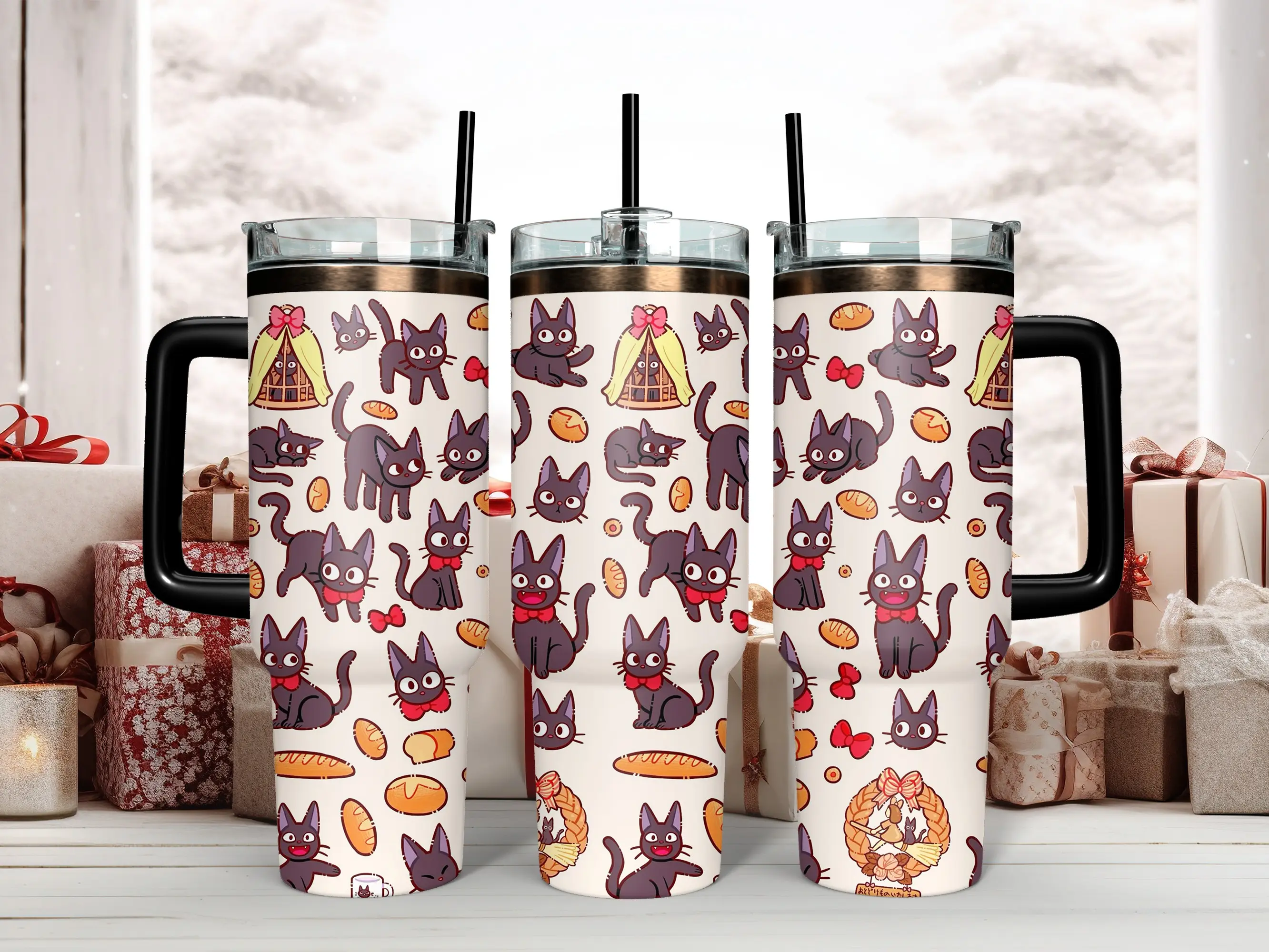 Studio Ghibli Kiki's Delivery Service 40oz Stainless Insulated Tumbler with Handle, Cute Jiji the Cat Anime Water Bottle Flask with Straw, Fan Merch Gift Idea, Insulation