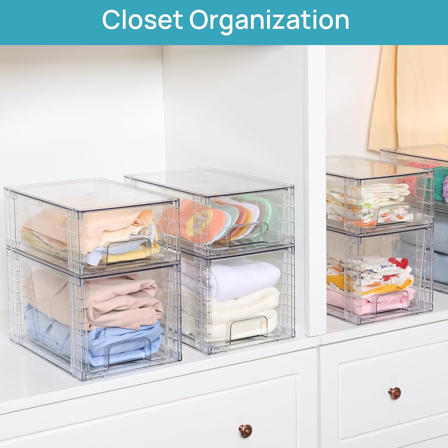 4 Pack Large Stackable Storage Drawers,Easily Assemble Acrylic Bathroom Closet Undersink Organizers and Storage,Plastic Bins for Kitchen Cabinets,Pantry,Makeup,Medicine Organization