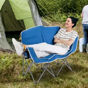 Camping Chair, Folding 2-Person Couch w/2 Cup Holders, Dual Back Pockets, Metal Frame, Oversized Duo Lawn Chair for Adults, Perfect for Backyard, Patio, Beach