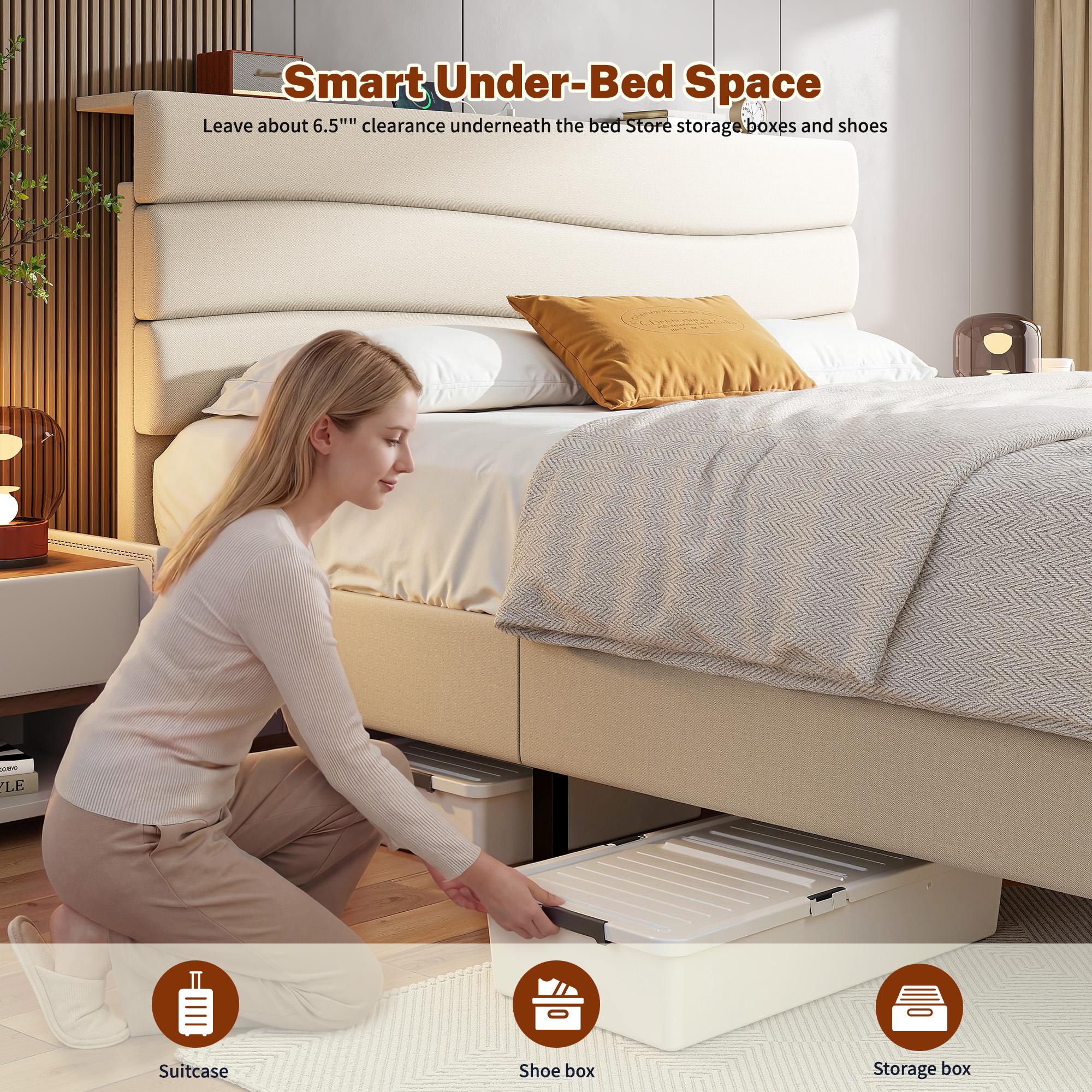 【JumpStar Sale】Raybee Quiet Luxury Upholstered Bed Frames for Queen with Headboard & Charging Station, No Mattress,Bed Frame with Storage Shelf, Flatform Bed Frame Holds 880LBS, No Noise, No Box Spring Needed, Twin, Full,King, Beige, Gray