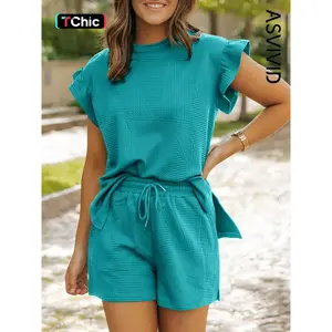 Women's Textured Knit Butterfly Sleeve 2-Piece Set - Drawstring Pocket Shorts & Round Neck Top, Casual for Summer, Ladies Clothes for Daily Wear