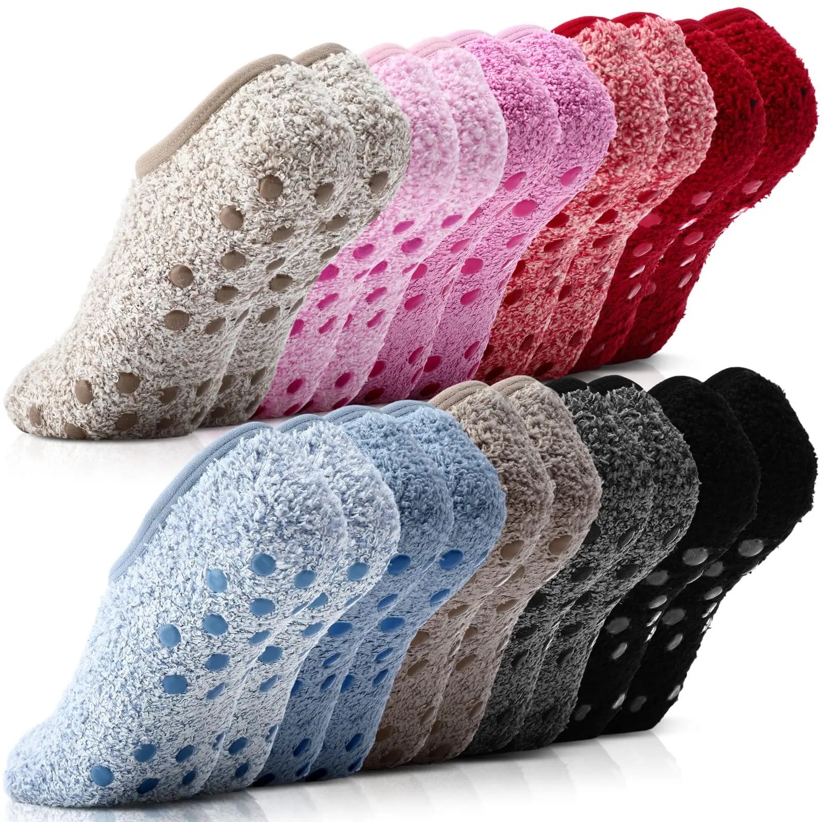 Women's 10 Pairs Plush Winter House Slipper Socks - Stretchy, Soft, Fuzzy Low Cut Short Length Slip-Ons, Anti-Skid Grip, Solid Color Polyester, Adult-Fit, for Casual Home Use, Christmas Gifts