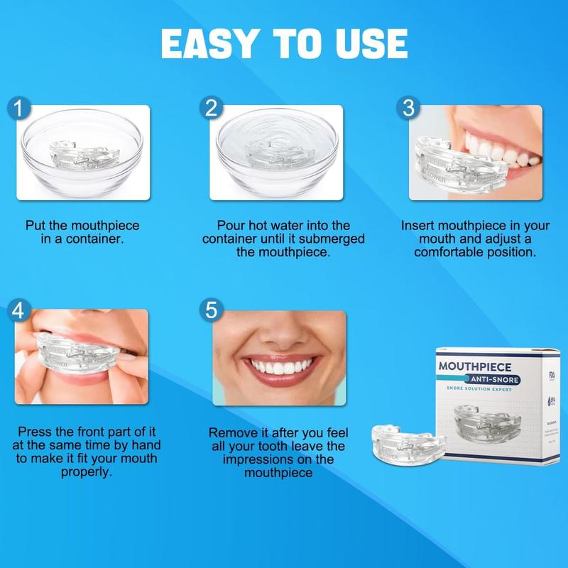 Anti-Snoring Mouthpiece designed to reduce snoring by gently adjusting jaw position for better airflow. Comfortable, adjustable, and reusable. No batteries or machines needed. Sleep quieter, breathe easier, and wake up refreshed every morning.