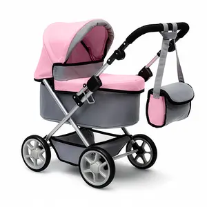 Reborn Baby Doll Stroller for Girls Age 3+, Pink & Gray Foldable Aluminum Frame Pram with Bassinet-Style Design, Adjustable Hood, Storage Basket, Shoulder Bag, Lightweight Buggy for 22in Dolls, Little Gifts for Girls (48Cm *42Cm *73Cm)