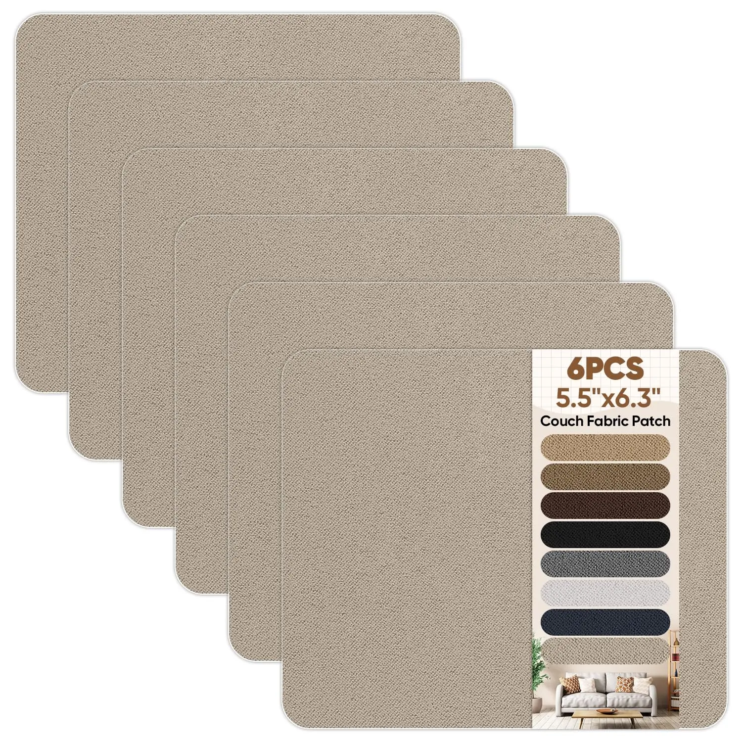 6-Piece Beige Self-Adhesive Suede Microfiber Fabric Patch Repair Kit - Quick Fix for Couch, Upholstery Furniture