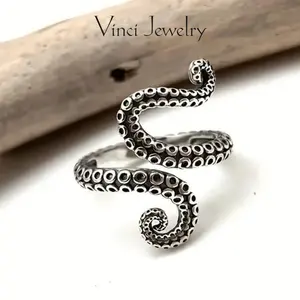 925 Trendy Octopus Tentacle Open Ring, Vintage Adjustable Ring, Unisex Punk Style Ocean Lovers Jewelry, Gift Giving Friends, Perfect for Daily Wear and Theme Party