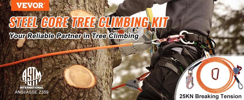 VEVOR Steel Core flipline,  1/2" x 8' Arborist Flipline, Flip Line for Tree Climbing with Alloy Steel Snap Hook, Aluminum Alloy Carabiner and Extra Tool Lanyard, for Arborist, Tree Climbers