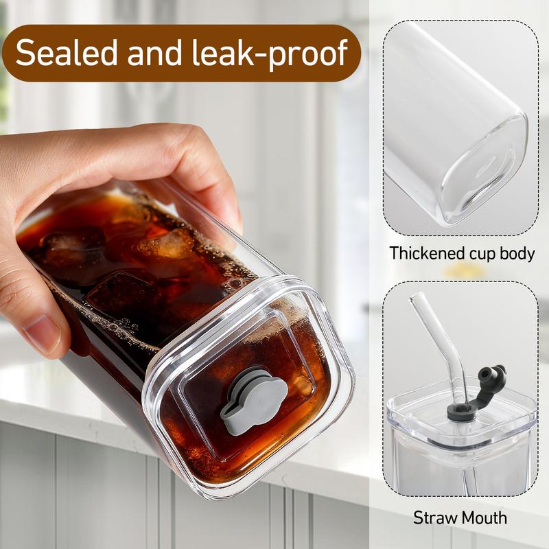 DWTS DANWEITESI 4-Pack Glass Cup and Straw Set - 13oz Portable Square Drinking Glasses for Water, Smoothies, Juices, Coffee & Beer, Stylish Drinkware, Reusable Tumbler Bottles