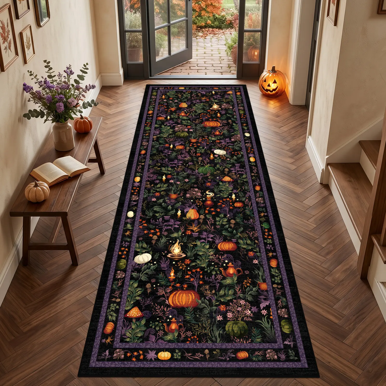 Geanup Halloween Non-Slip Washable Low-Pile Rugs - Hallway Runner, Kitchen Mat, Bedroom Floor Carpet for Holiday Decor, Non-Slip Base, Retro Pumpkin Pattern