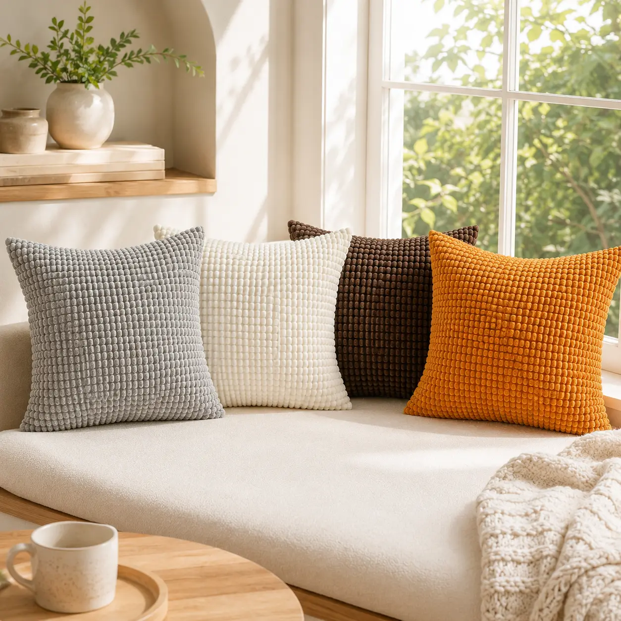 2-Piece Cushion Slipcovers Set - 18x18 in Raised Texture Corn-Kernel Grid Corduroy Cosy Home Cushion Covers, Room Decor for Living Room Sofa Couch