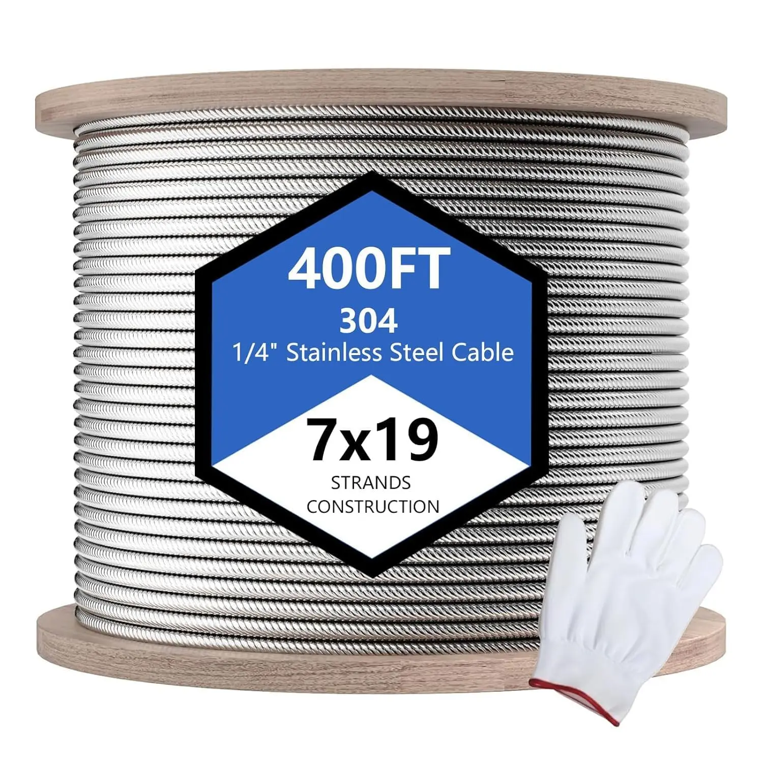 1/4" Stainless Steel Cable, 400ft 7x19 Strand Aircraft Wire Rope, Breaking Strength 6400 Ibs Stainless Steel Zip Line for Heavy Duty Applications, Deck Railing, and String Lights