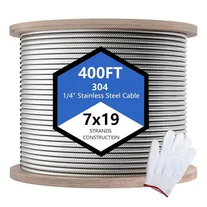 1/4" Stainless Steel Cable, 400ft 7x19 Strand Aircraft Wire Rope, Breaking Strength 6400 Ibs Stainless Steel Zip Line for Heavy Duty Applications, Deck Railing, and String Lights