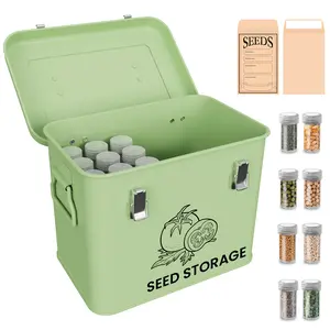30 Slots Seed Storage Box with 3/4/5 Dividers, Metal Seed Storage Organizer, Seed Bin Storage Container with 50 Seed Envelopes (Green)