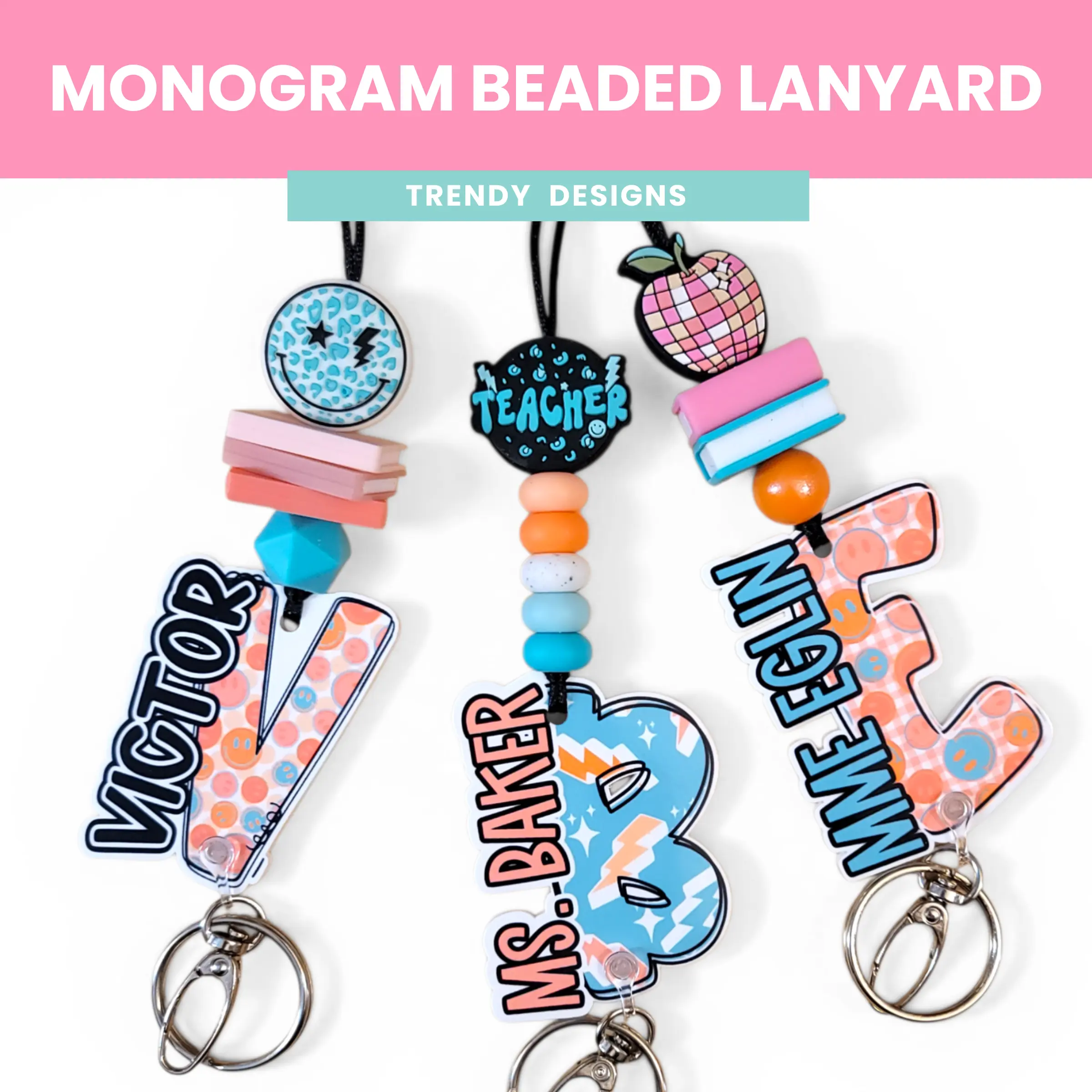 Mommie Peas Creations Personalized Beaded Lanyard - Monogram/Name ID Badge Holder with 2.5in Acrylic Plate, 3mm Durable Cord, Bold Letters, Safety Clasp, Lightning Strikes Design, Heavy-Duty Hardware, Premium Silicone Beads, Permanent Imprint for Nurses,,