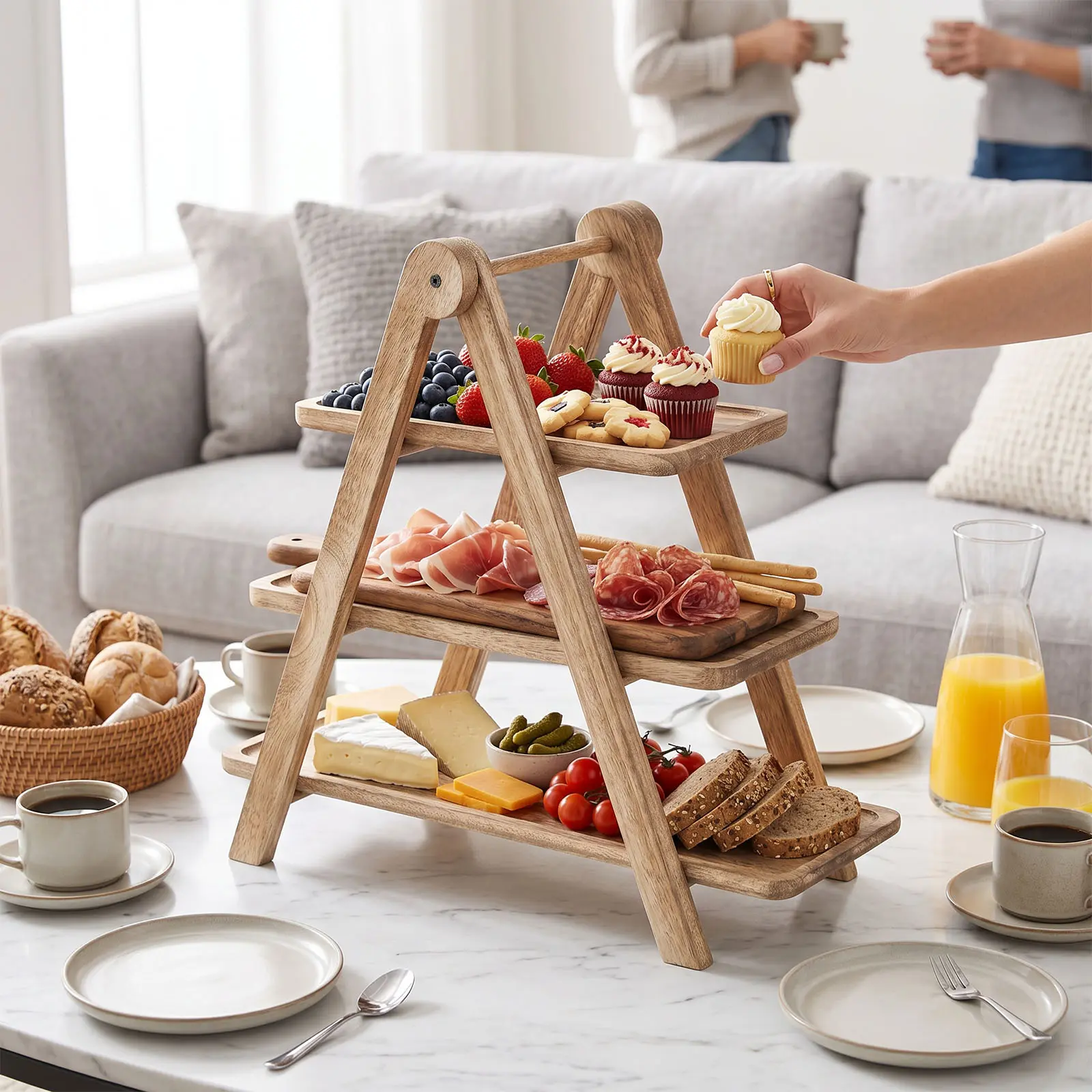 LOVEWE 3-Tier Natural Wood Serving Tray Organiser, Durable Sturdy Portable Smooth Rectangle Platter for Snacks, Desserts, Pastries | Farmhouse Home Supplies Tabletop Party Setup