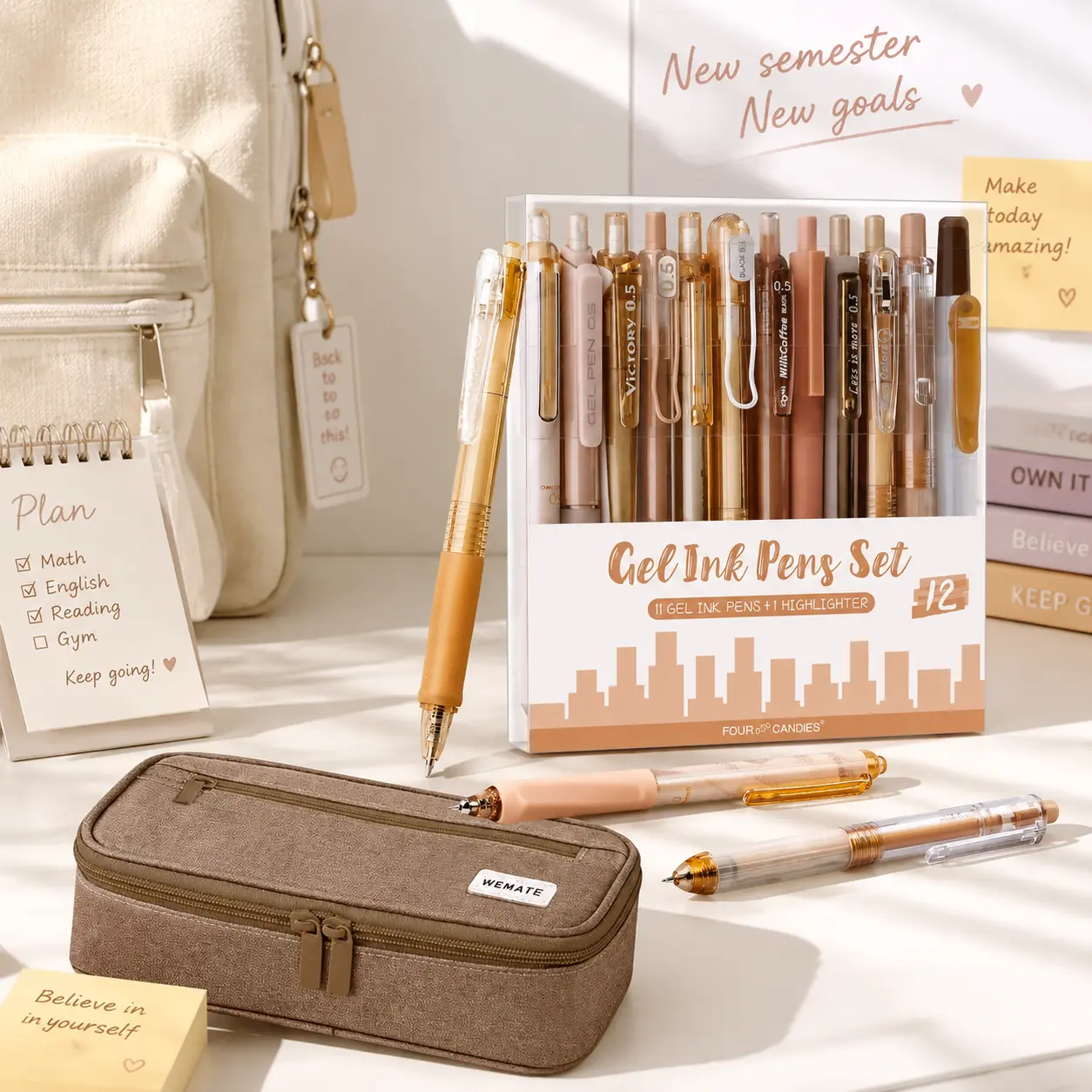 Four Candies Rose Series Aesthetic Gel Pens with pencil case,0.5mm Fine Point Smooth Writing,Cute Girly Kawaii Desk Accessories,Planner & Journal Pens,Black Pink Ink,Nurse & Student Essentials,Back to School Haul,Office & School Supplies