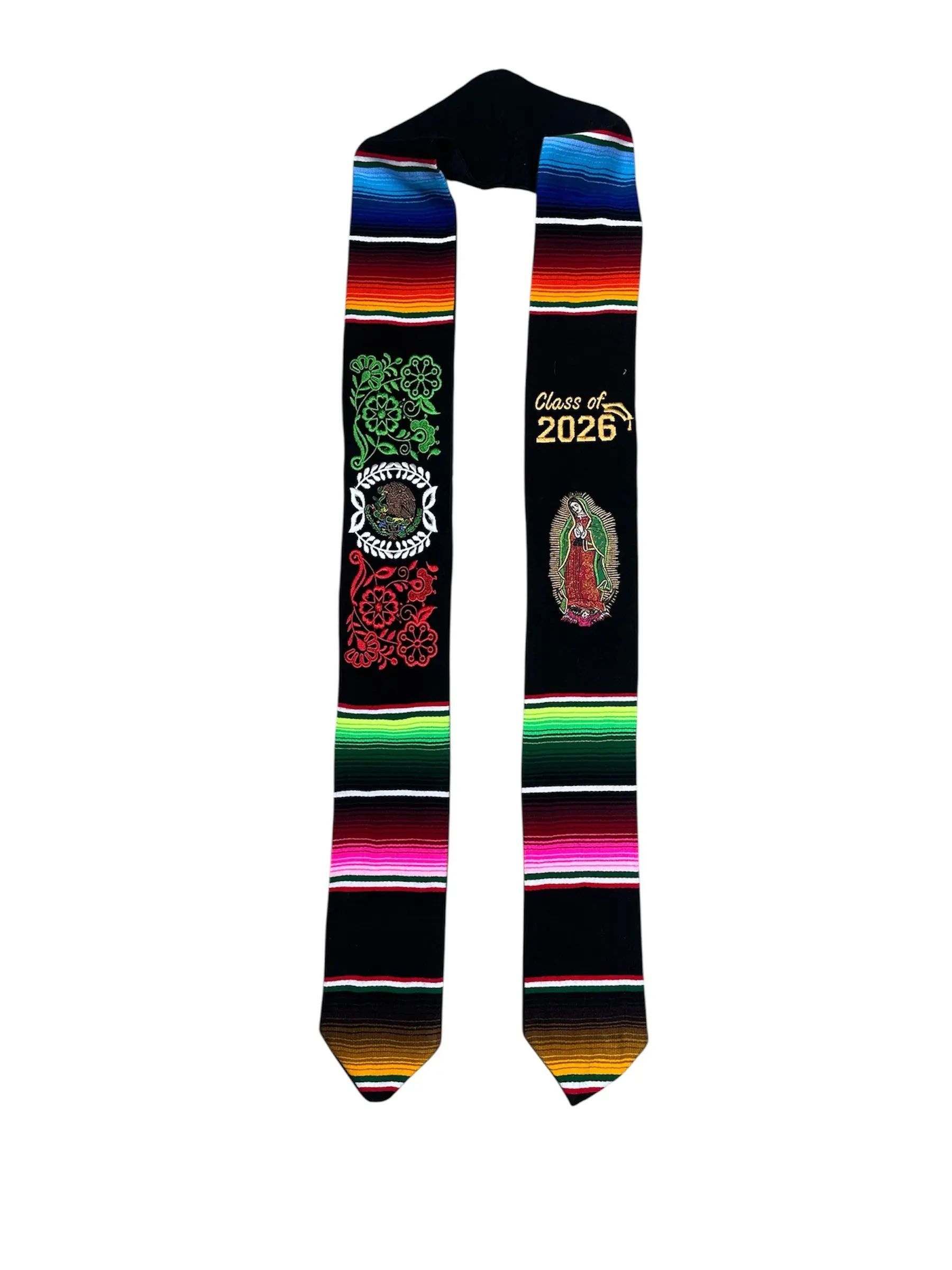 Vneck *2026* Virgen Black Mexico Floral - Black Graduation Stole Sarape Sash IN STOCK