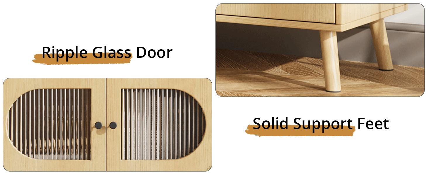 【Springtok】VOWNER TV Stand for 55/60/65 inches TV, Wood Media TV Cabinet with Glass Doors, Entertainment Center with Storage for Living Room, Bedroom, Oak