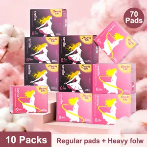 Zhuyinlife Organic Cotton Menstrual Pads 70Ct | 10 Packs Total (5 Day + 5 Night), 9.6 Inch Day & 11.4 Inch Night, 8HR Odor Control, Leakproof, Super Absorbent Unscented, All Flow Day & Night