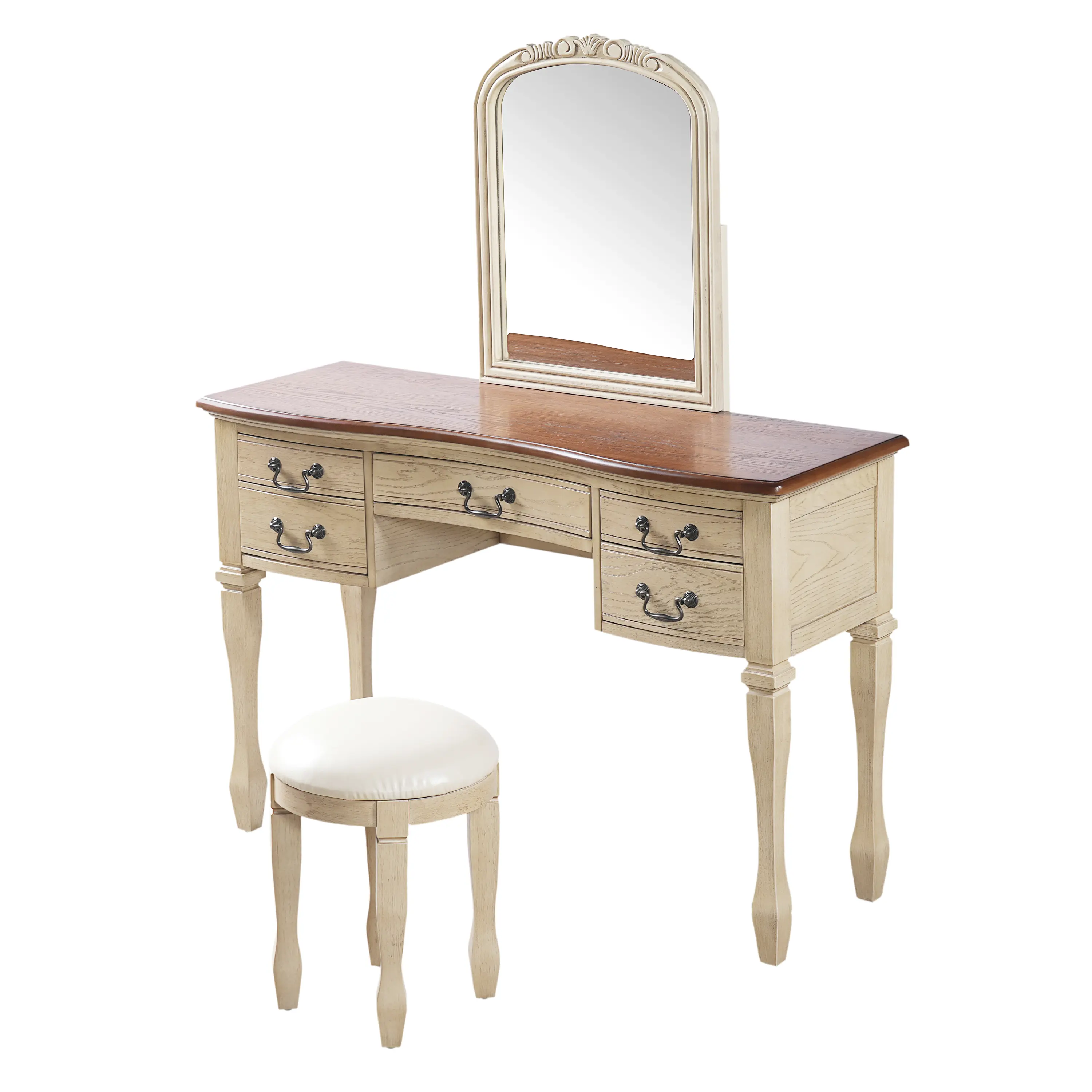 Vintage Vanity Desk with Curved Flower Frame Mirror, Wooden Dressing Table Set for Bedroom with Antique Handles & 5 Drawers, Girls Vanity Set with Cushioned Stool - TikTok Shop Vintage Vanity Desk with Curved Flower Frame Mirror, Wooden Dressing Table Set for Bedroom with Antique Handles & 5 Drawers, Girls Vanity Set with Cushioned Stool - TikTok Shop