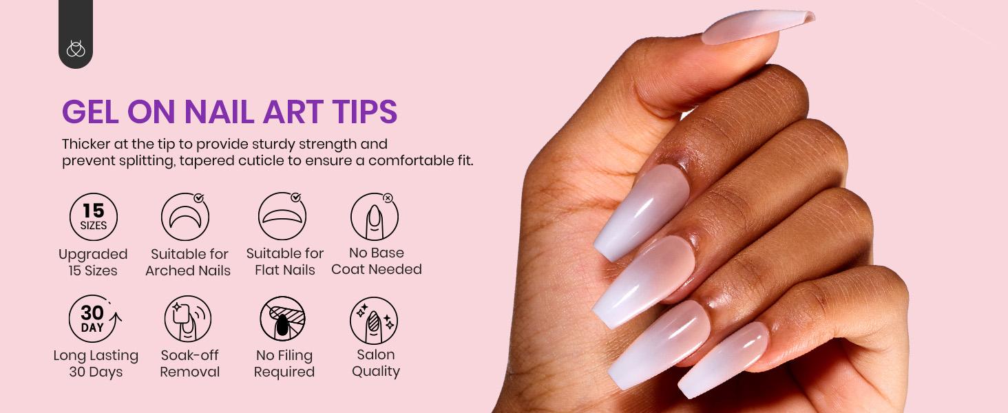 Beetles French Tip Press on Nails+Toenails：Almond/Coffin/Square/Squoval Pre-APplied Primer & Base Coat Glue for DIY Nail Gift for Women Easter'sGift