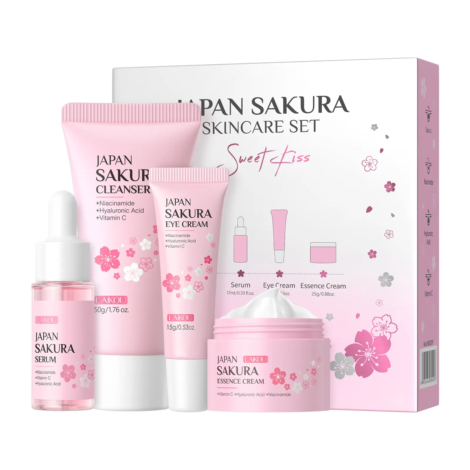Japan Sakura Premium Spa Hydrating Moisturizer Moisturizing Care Complete Skincare Gift Set - 4-Piece TSA-Friendly Travel Kit with Cleanser, Serum, Eye Cream, Face Cream for Women, Gentle Cleansing, Spa Gift Set, Hydrating Moisturizer Set