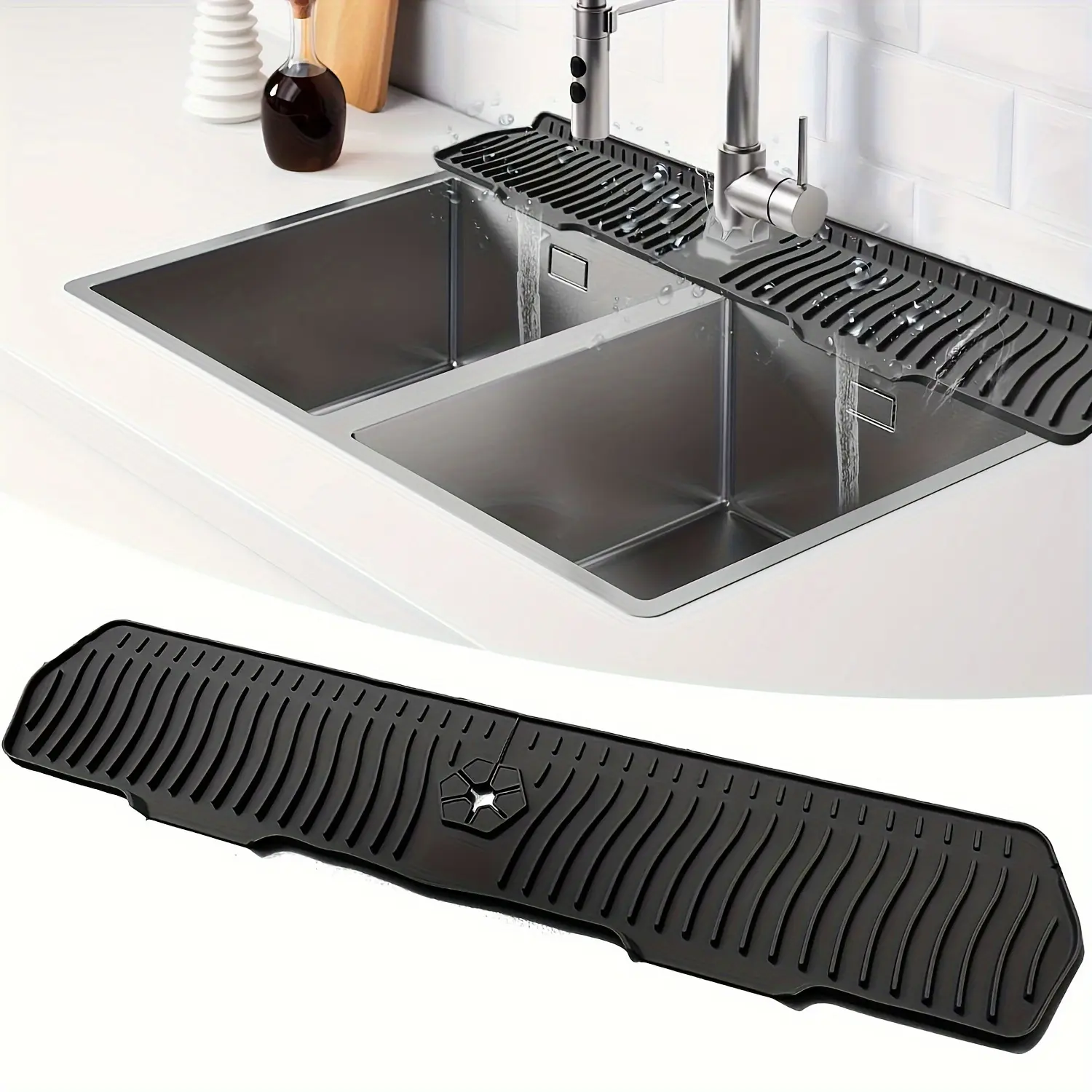 1 piece upgraded 30-inch silicone sink Water Splash Guard, Splatter guard - anti-slip kitchen and bathroom faucet splash guard, reusable countertop protection pad with drainage design, multi-functional for farmhouses, RVs, and laundry rooms