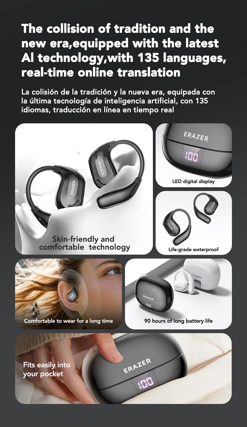 ERAZER XT66Pro OWS Translation Wireless Bluetooth Earphones Support 135 Languages Real Time Bluetooth Translation Earbuds HIFI Sound Quality Light-Weight Headphones Built-in Microphone Support Phone Calls Music AI Chat