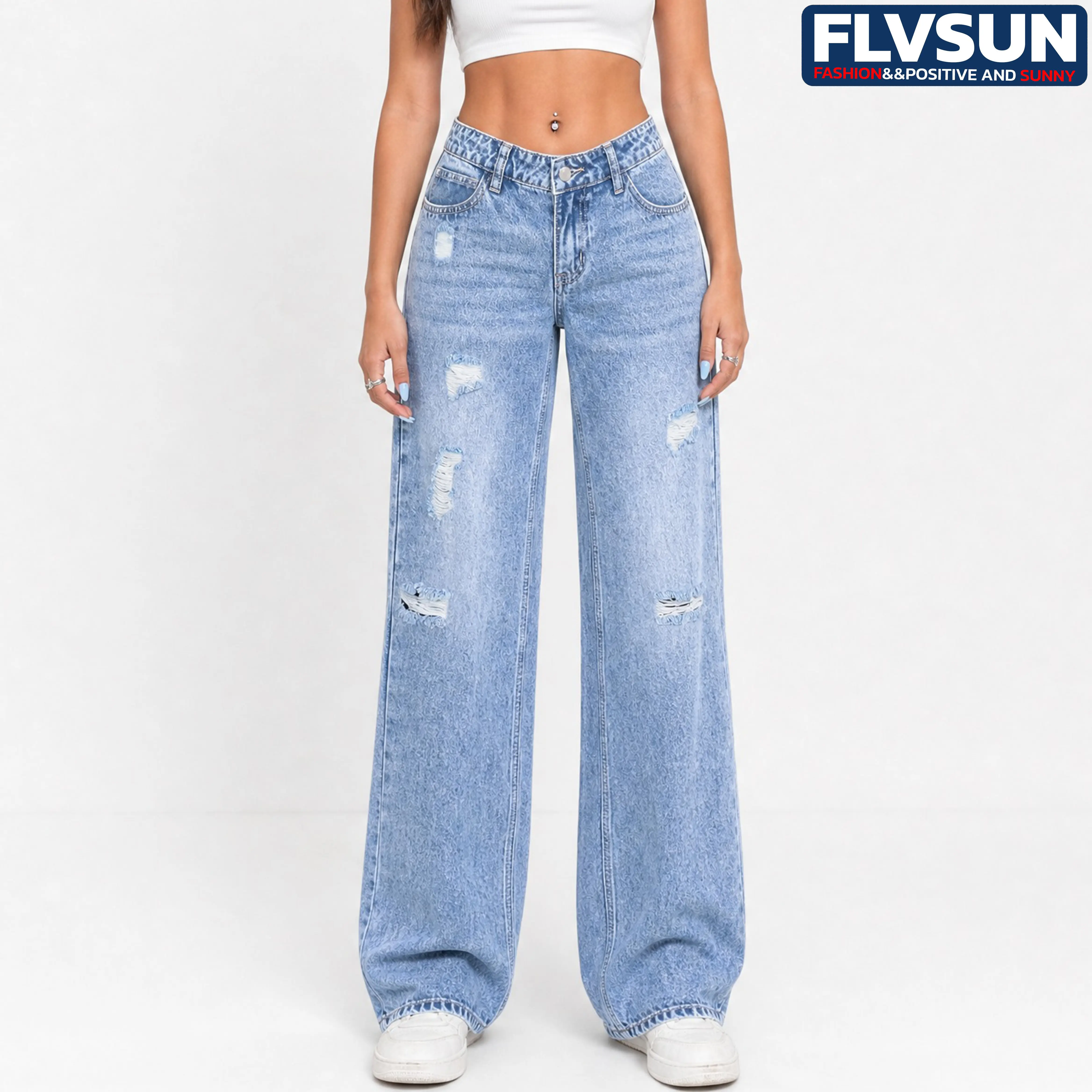 Flvsun-Women Y2k Low Rise Baggy Jeans Loose Fit Boyfriend Straight Wide Leg Jeans Trendy Stretch Long Denim Pants Womenswear Bottom Trouser Streetwear, Pocket, Minimalist