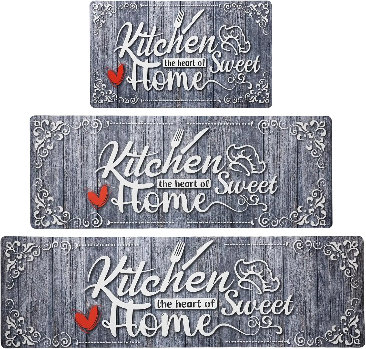 Gray Kitchen Mats for Floor 3 Pieces Set, Non Slip Cushioned Runners Waterproof Comfort Kitchen Rugs and Mats Farmhouse Chef Mat Carpet for Sink,Laundry Room