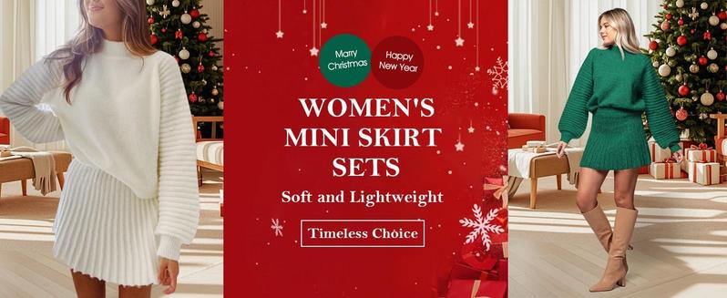 Imily Bela Christmas Women's 2 Piece Outfits Long Sleeve Mock Neck Ribbed Sweaters And Mini Skirt Two Piece Sets
