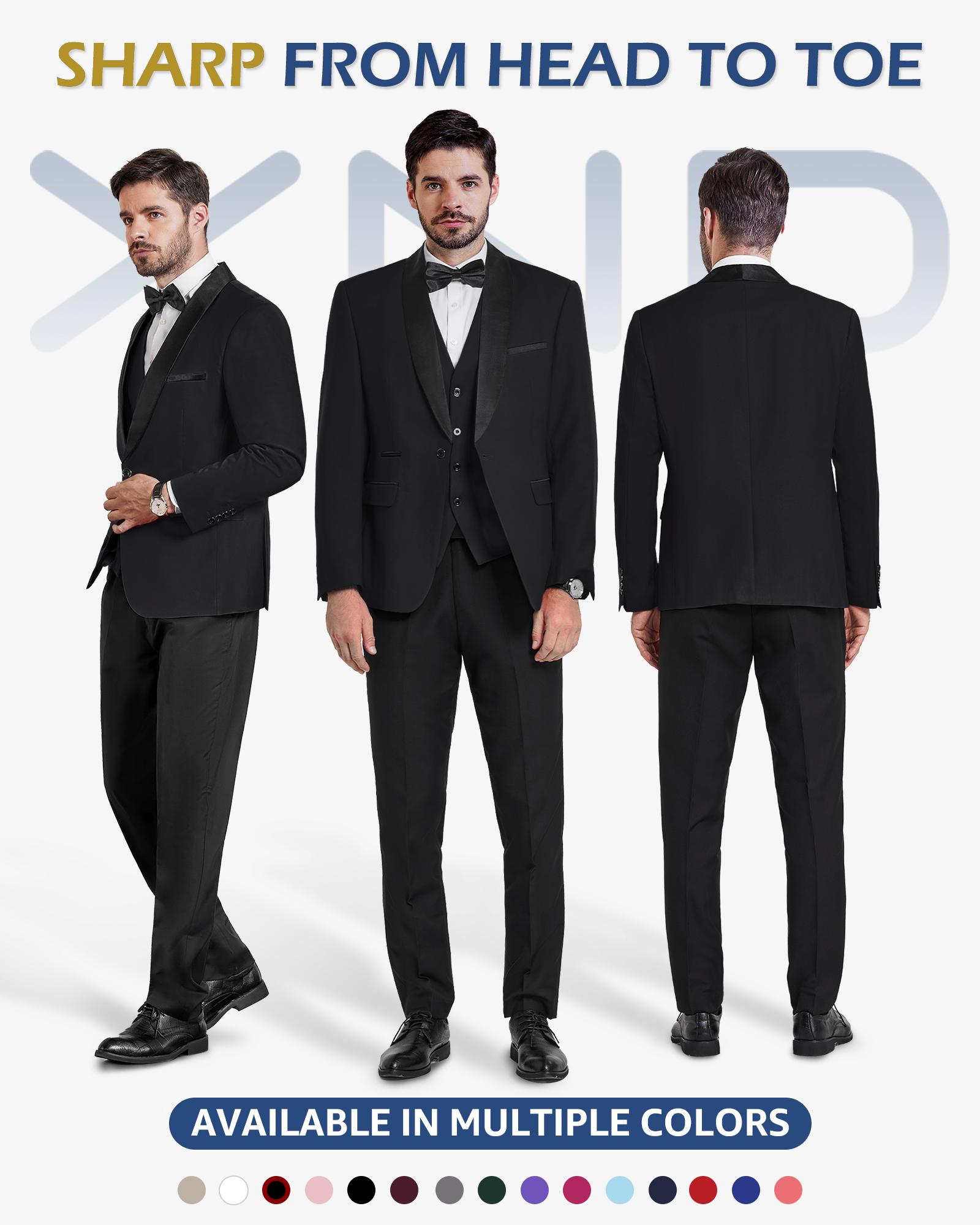 YND Men's 3-Piece Slim Fit Tuxedo Set, One-Button Shawl Collar Solid Jacket Vest Pants with Bow Tie，suitable for formal occasions, business events. party & casual events, wedding tuxedos, party performances, and men's three-piece party suits