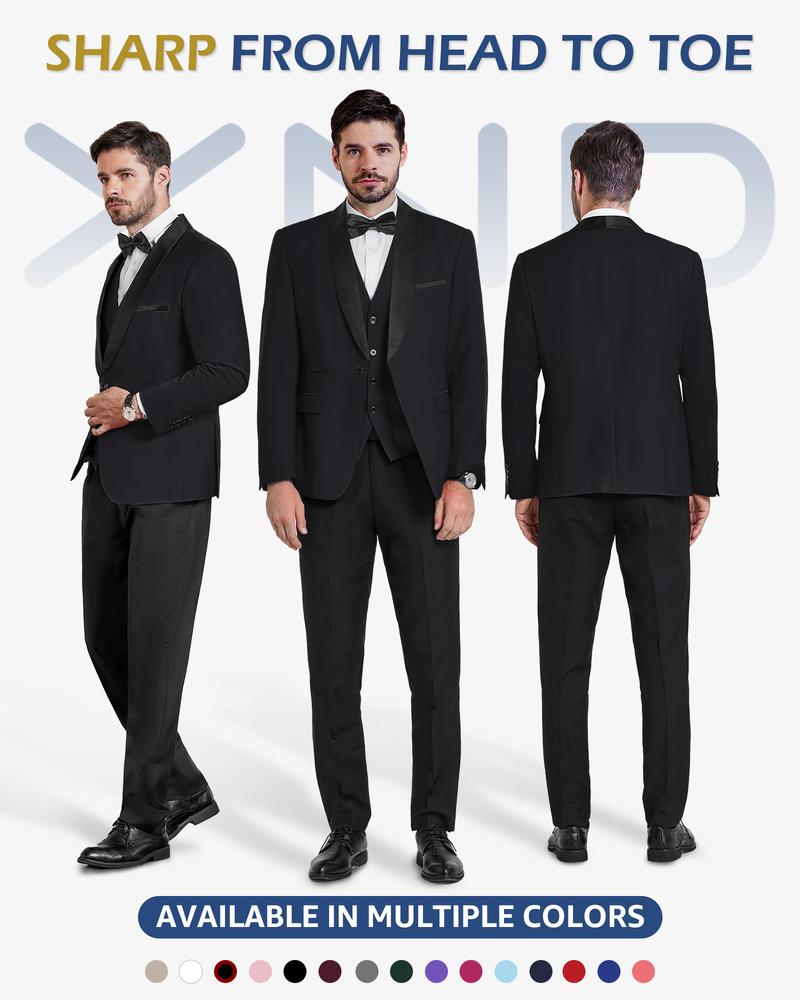 YND Men's 3-Piece Slim Fit Tuxedo Set, One-Button Shawl Collar Solid Jacket Vest Pants with Bow Tie，suitable for formal occasions, business events. party & casual events, wedding tuxedos, party performances, and men's three-piece party suits