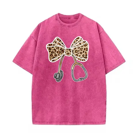 Women's Casual Crew Neck Leopard Bow Stethoscope Vintage Washed Pink Oversized Cotton Nursing Shirt - Cold Wash, Gift-Ready Nurse Tee, Healthcare Appreciation Summer Wear