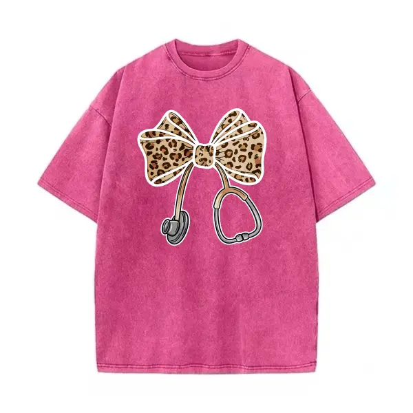 Women's Casual Crew Neck Leopard Bow Stethoscope Vintage Washed Pink Oversized Cotton Nursing Shirt - Cold Wash, Gift-Ready Nurse Tee, Healthcare Appreciation Summer Wear